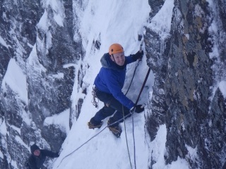 Dave climbing the 1st Pitch of Raeburn's Route