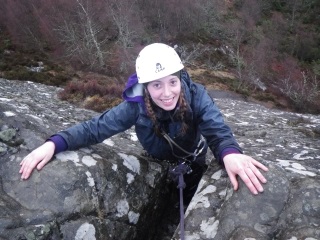 Stacey at the top of a very wet and slippy Classic Crack