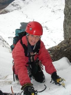Patricia enjoying a grade 2 gully on the South Cluanie Ridge